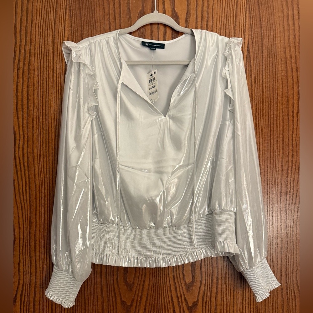 INC Shimmering White/Silver Ruffle Blouse